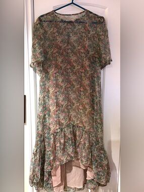 Zara Sheer Floral High-Low Dress in Green and Pink